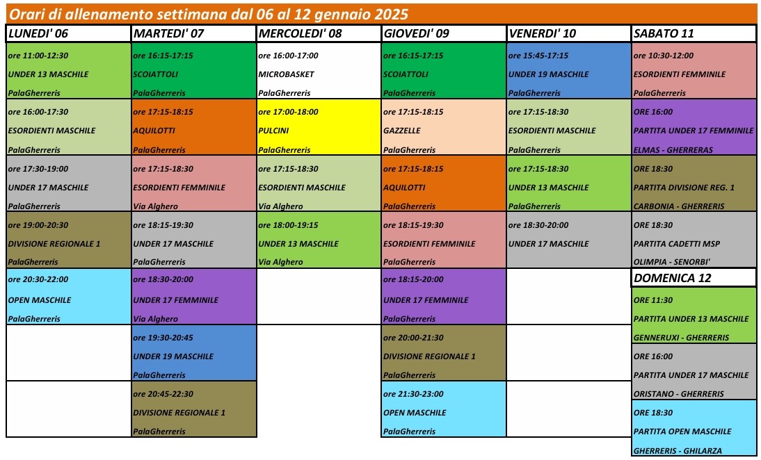 Orari di allenamento settimana dal 06 al 12 gennaio 2025